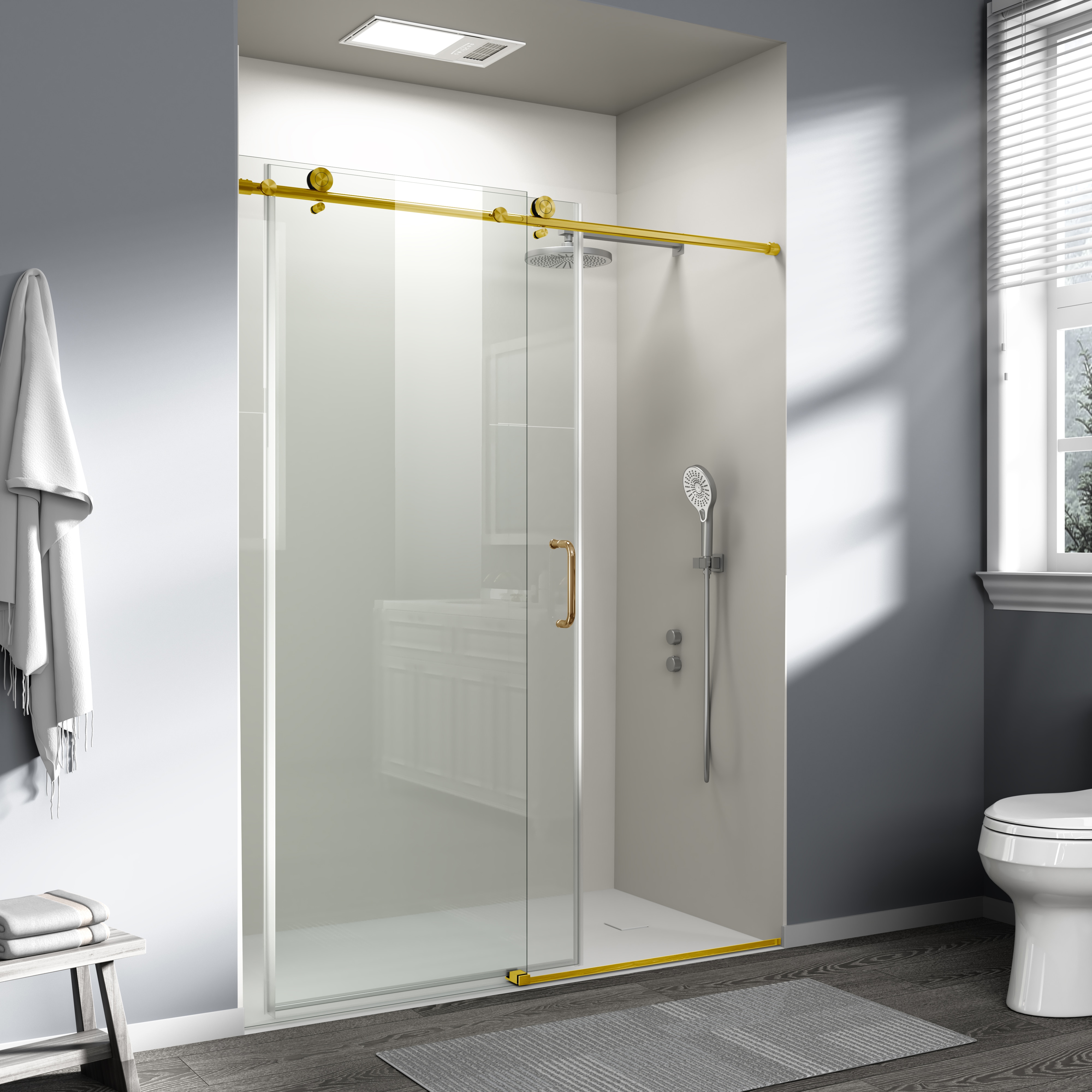 Frameless Sliding Shower Door Brushed Gold Single Panel Walk-in_voghion.com